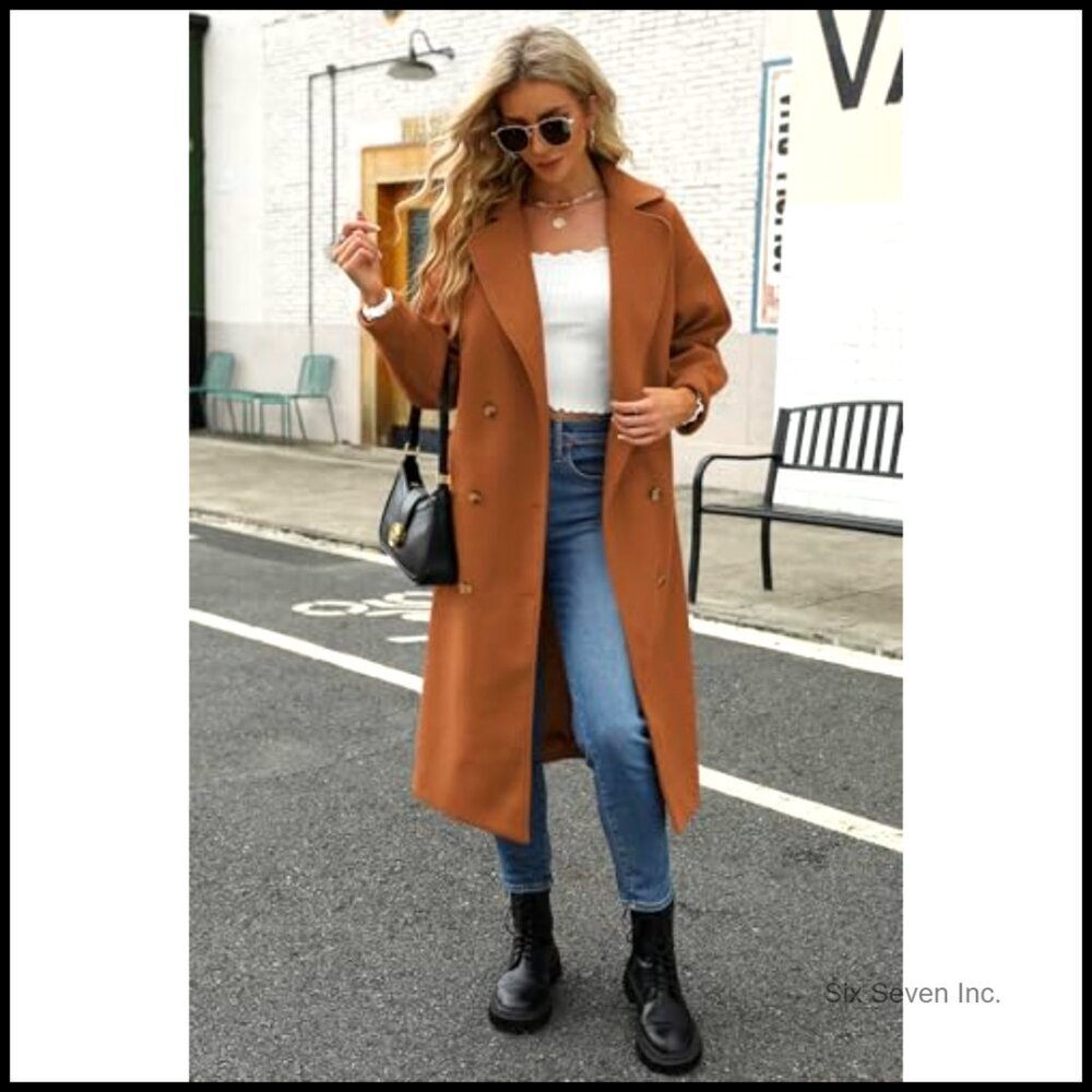 Long Wool Blend Pea Coat with Notched Lapel Collar Double Breasted - Picture 4 of 7